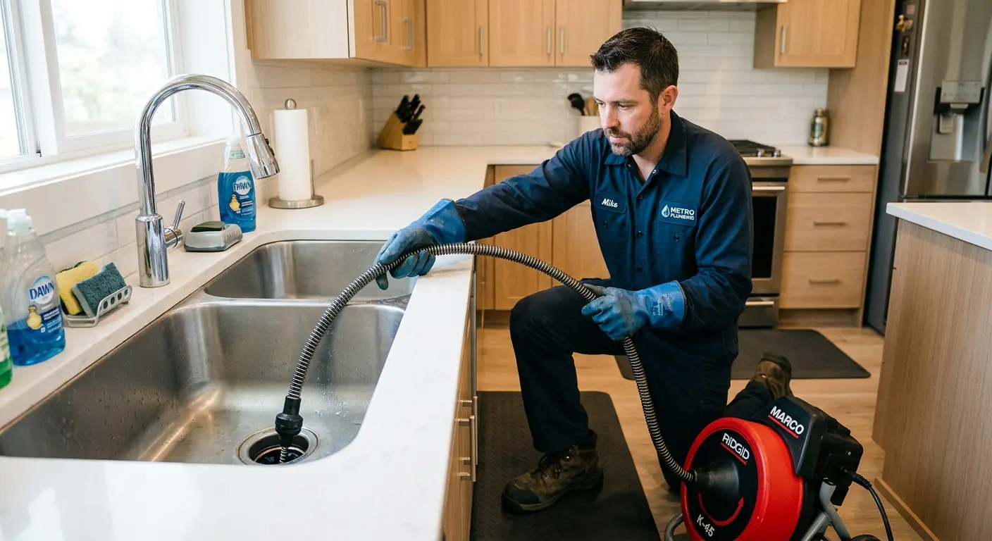 Drain cleaning technician using a motorized snake on a kitchen sink in Polk
