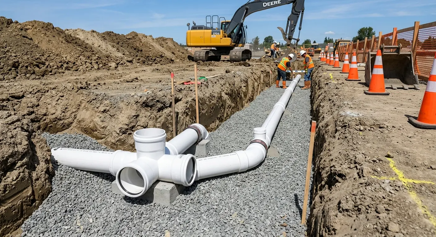 New PVC sewer pipe installation in open trench for Commercial Drain Cleaning in Polk