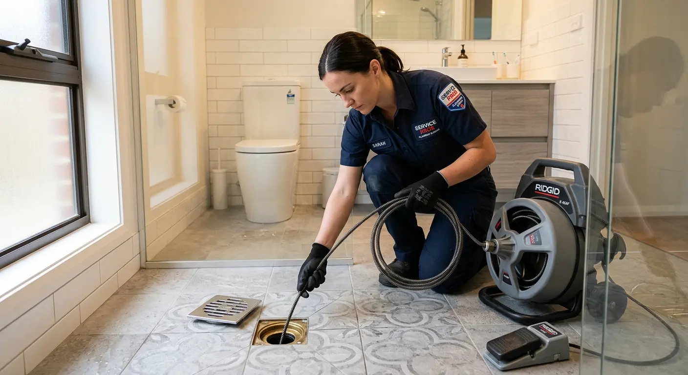 Technician clearing a bathroom floor drain for Clogged Drain Repair in Polk